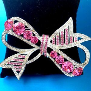 EISENBERG ICE PINK & CLEAR PAVE' CRYSTALS SILVER TONE LARGE BOW BROOCH